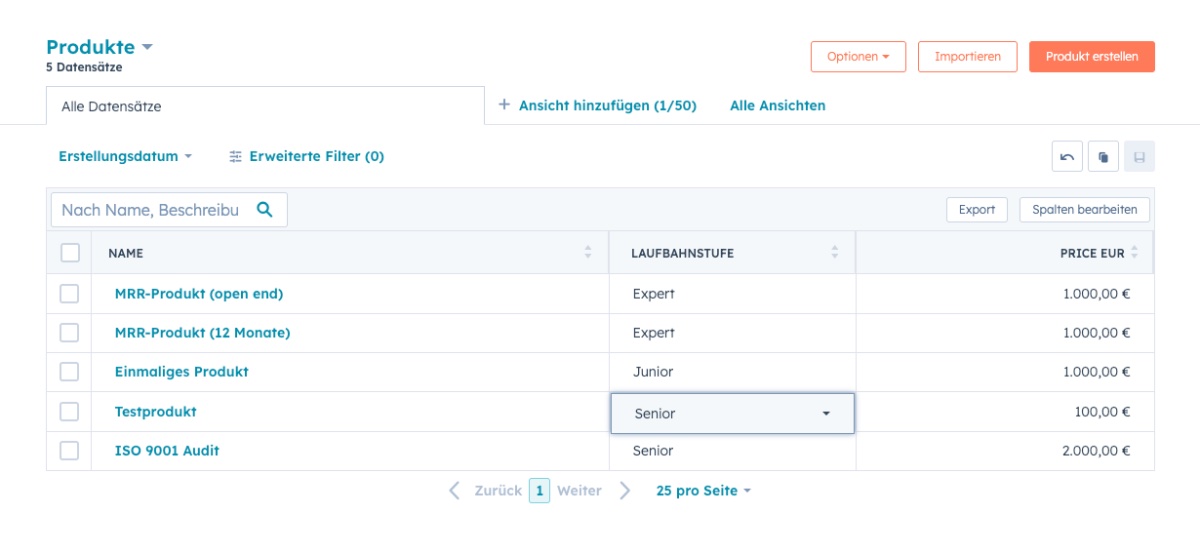 Screenshot HubSpot Produktbibliothek