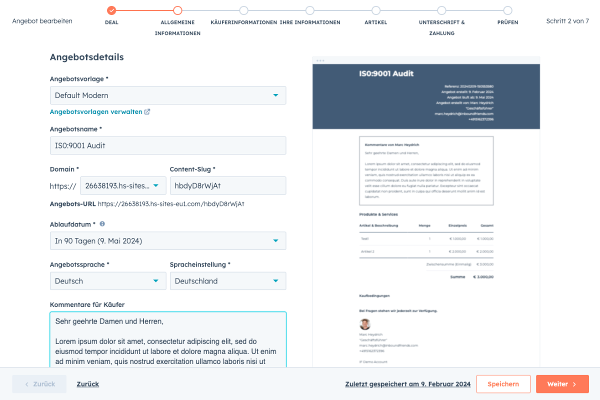 Screenshot wie Angebote mit HubSpot erstellt werden